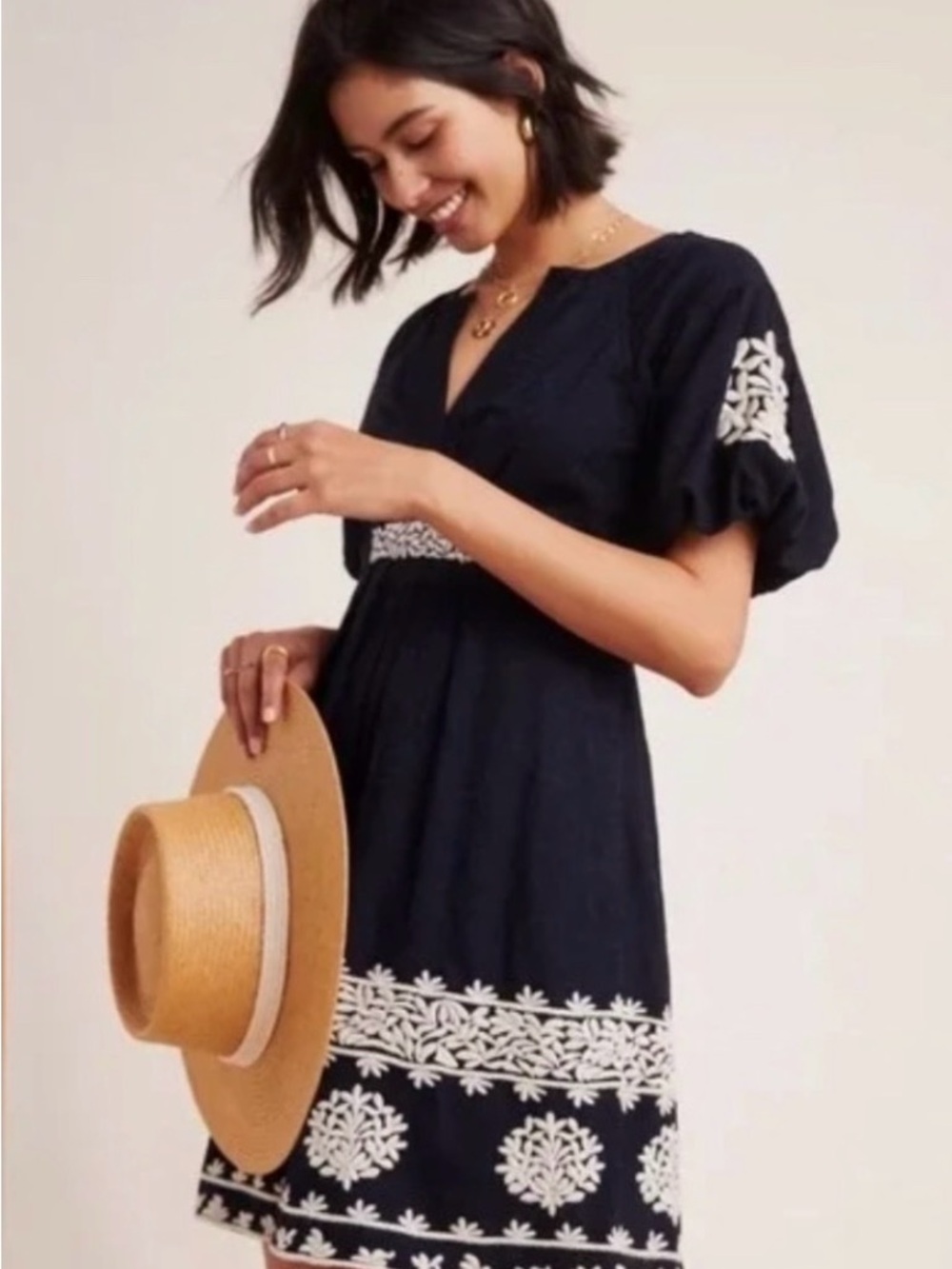 Anthropologie Black Mini Dress with Cream Embroidered Trim